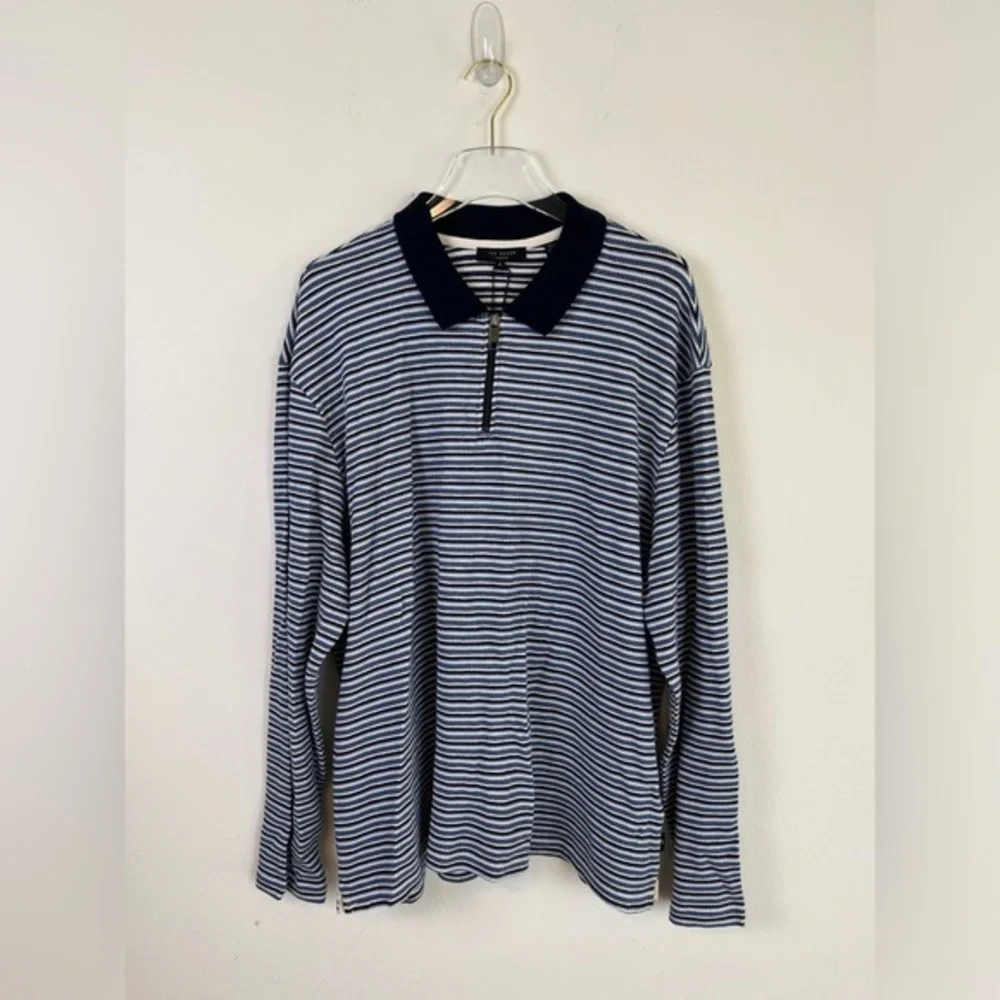 Ted Baker Cotton Blend Textured Stripe Relaxed Fit Quarter Zip Polo Shirt, NWT‎